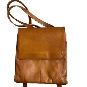 FRYE Women Tan Leather Flap Top Mini Backpack Purse Bag saddle bag VTG crossbody